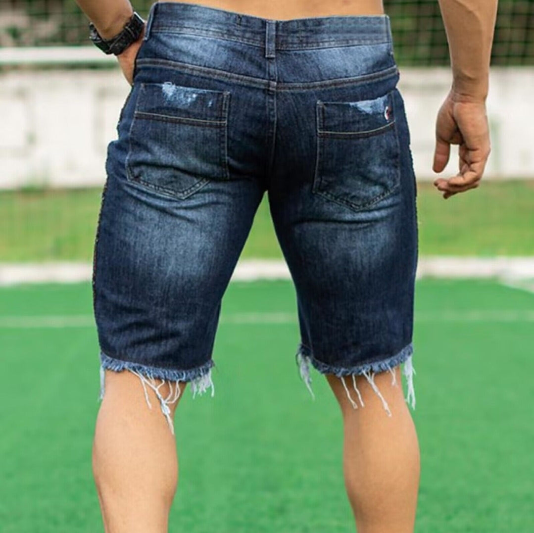 Blue Ripped Straight Leg Half Length Denim Pants